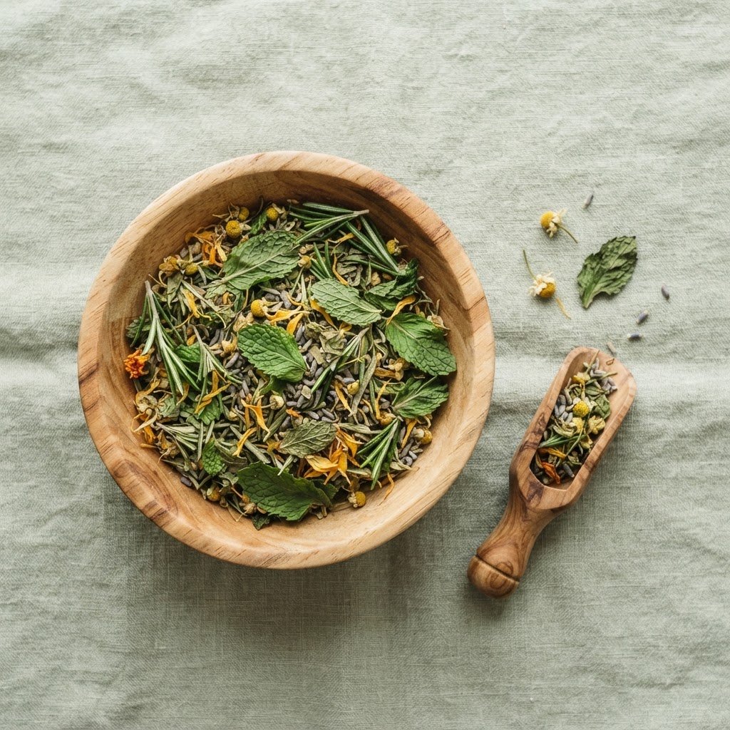 Herbal tea being prepared with fresh green leaves